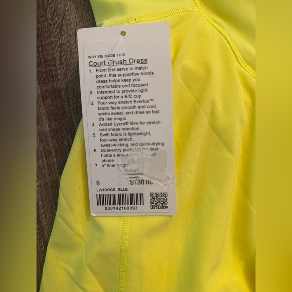 New with tags Lululemon Court crush dress, yellow, size 8.Electric lemon.Tennis - Picture 7 of 12